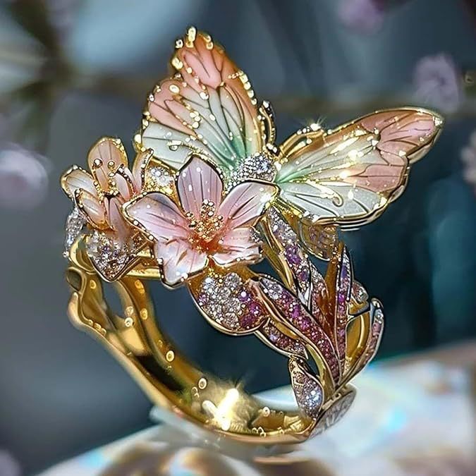 Adjustable Elegant Transparent Crystal 3D Shining Diamond Drop Oil Butterfly Flower Ring For Women Aesthetic Gold Plated Cute Animal Insect Fashion Jewelry