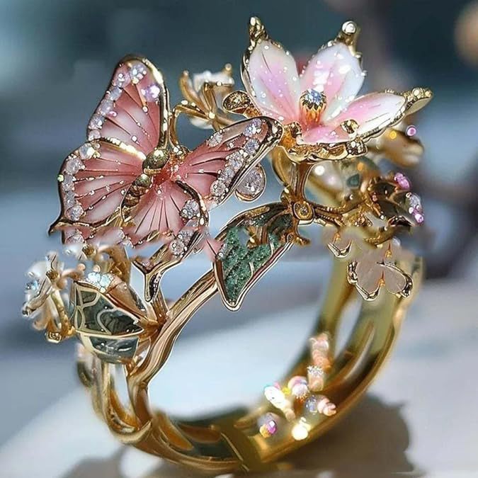 Adjustable Elegant Transparent Crystal 3D Shining Diamond Drop Oil Butterfly Flower Ring For Women Aesthetic Gold Plated Cute Animal Insect Fashion Jewelry