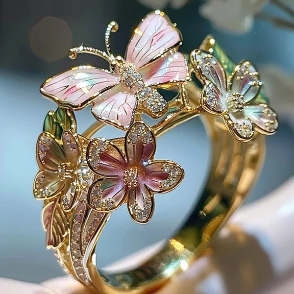 Adjustable Elegant Transparent Crystal 3D Shining Diamond Drop Oil Butterfly Flower Ring For Women Aesthetic Gold Plated Cute Animal Insect Fashion Jewelry