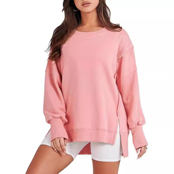 Round Neck Long Sleeve Top Female Frayed Hem Split Patchwork Sweater