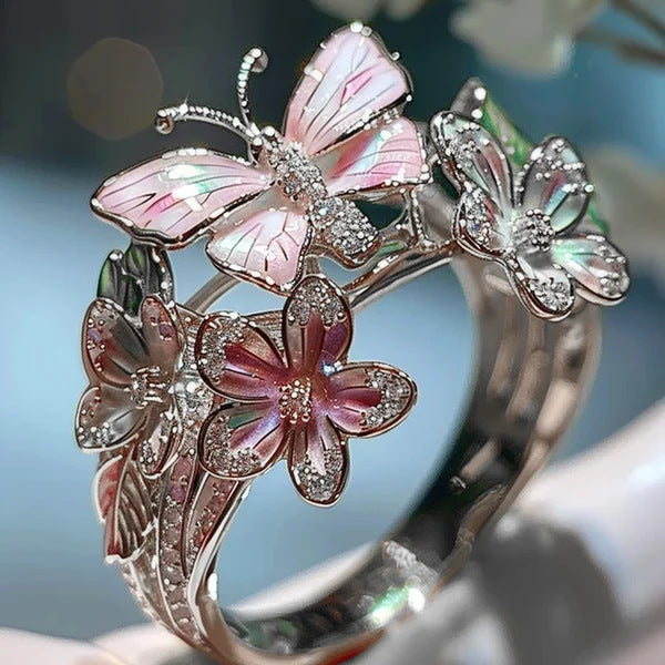 Adjustable Elegant Transparent Crystal 3D Shining Diamond Drop Oil Butterfly Flower Ring For Women Aesthetic Gold Plated Cute Animal Insect Fashion Jewelry