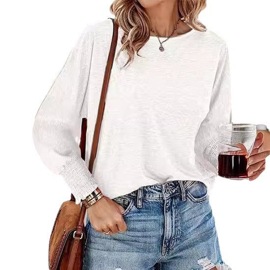 European And American Ins Fashion Women's Round Neck T-shirt Casual Loose Smocking Long Sleeve Top