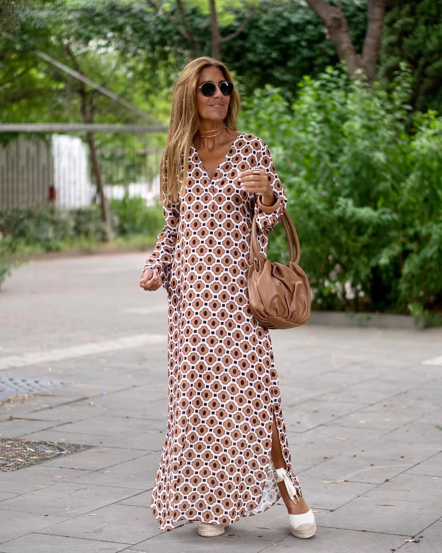 Summer Geometric Printed V-neck Long Dress Fashion Long Sleeve Slit Dresses For Women