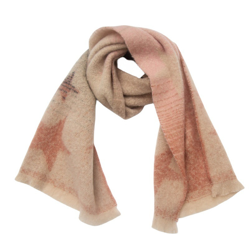 European And American Autumn And Winter Circle Yarn Jacquard Gradient Color Five-pointed Star Scarf