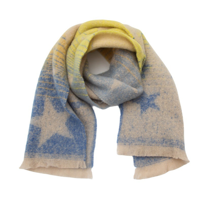 European And American Autumn And Winter Circle Yarn Jacquard Gradient Color Five-pointed Star Scarf