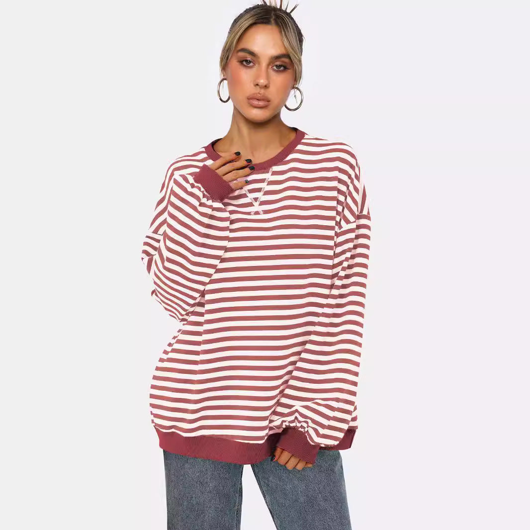 Women's Fashion Round Neck Striped Sweater Loose Bishop Sleeves Top