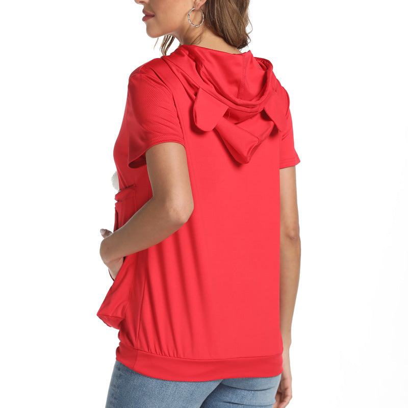 Women's Short-sleeved T-shirt Hooded Top With Large Pockets