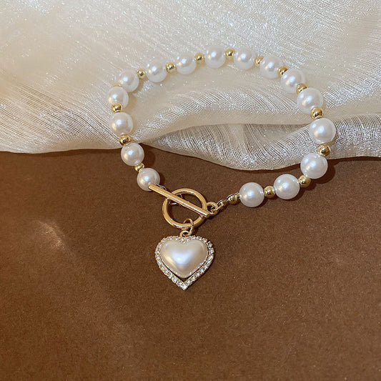 Diamond OT Buckle Pearl Heart Bracelet