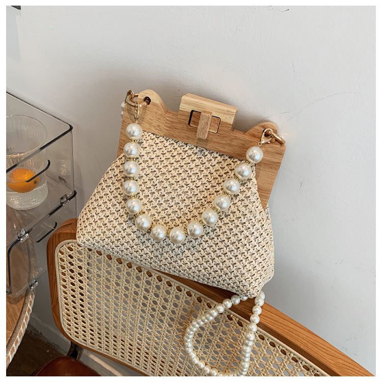 Women's Straw Beach Pearl Chain Woven Shoulder Bag