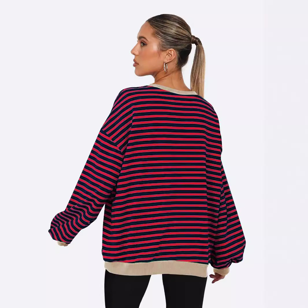 Women's Fashion Round Neck Striped Sweater Loose Bishop Sleeves Top