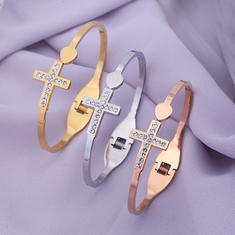 Women's Creative Double Layer Cross Diamond Loving Heart With Opening Stainless Steel Bracelet