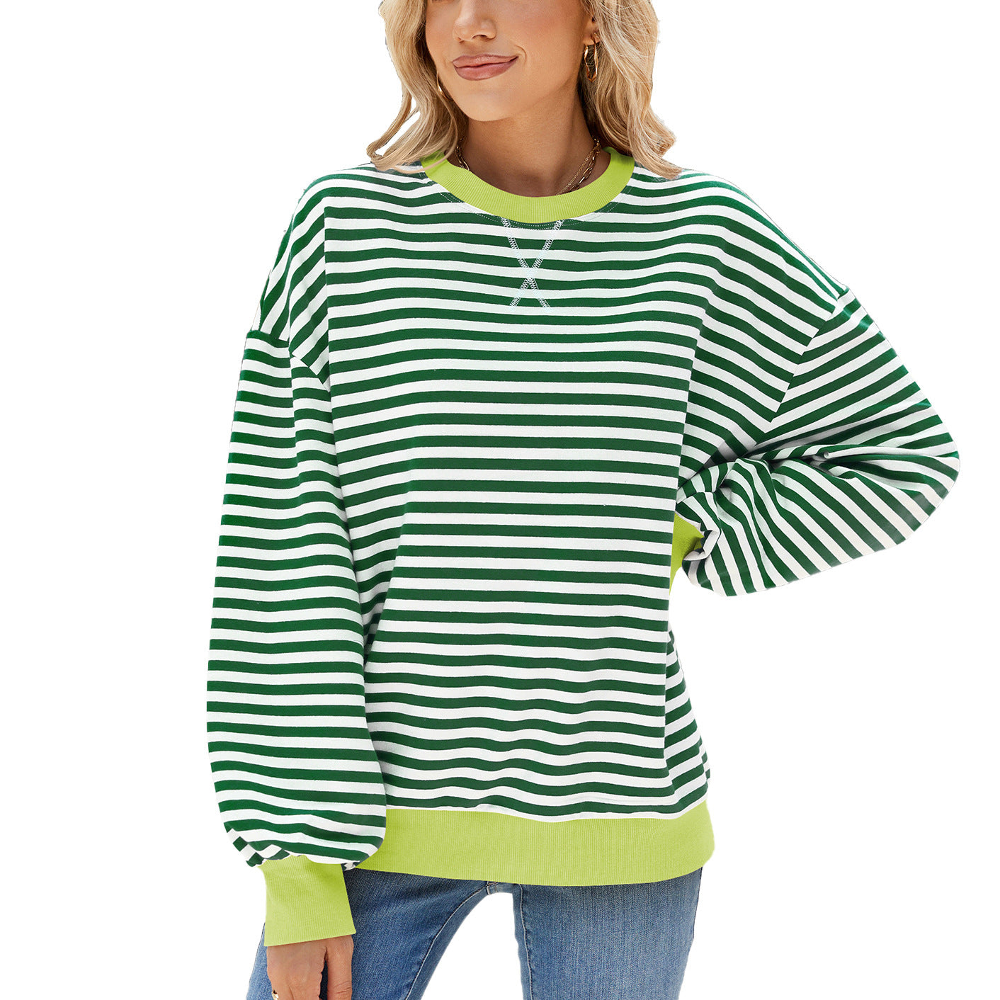 Women's Stripes Round Neck Contrast Color Loose Long Sleeve Sweatershirt