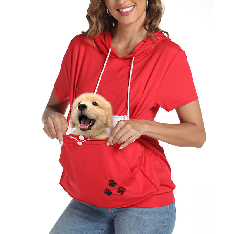 Women's Short-sleeved T-shirt Hooded Top With Large Pockets