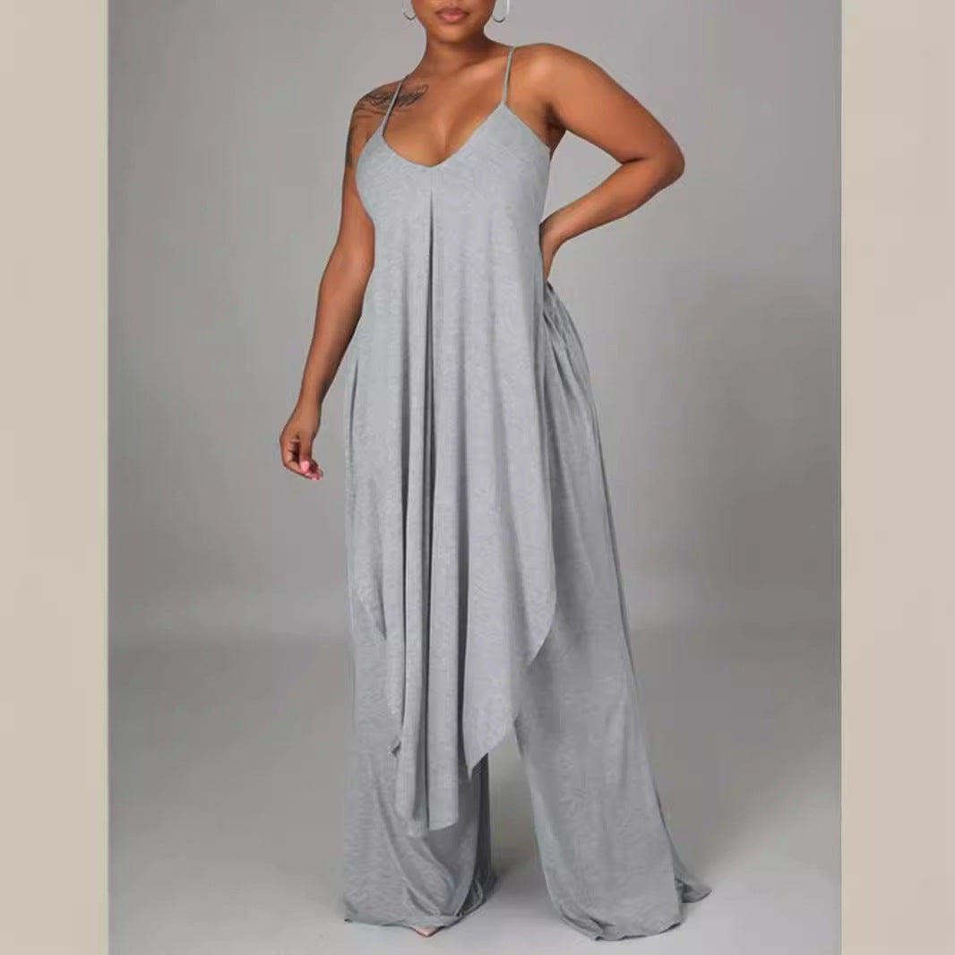 Flower Gray Loose Sling Wide-leg Pants Two-piece Set