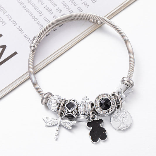 Beaded Cartoon Crown Bear Stainless Steel Bracelet