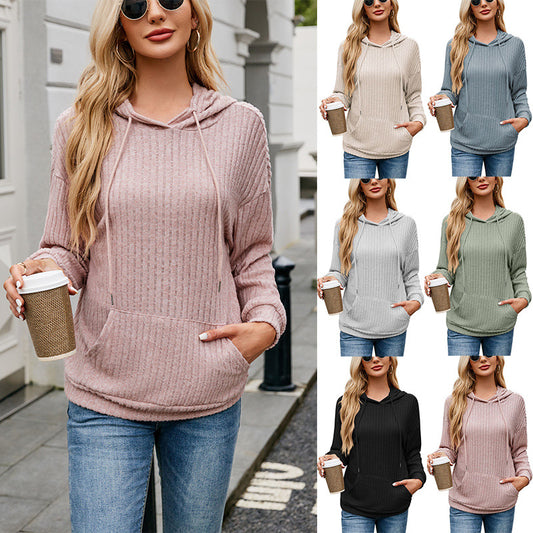 Women's Knitwear Hooded Sunken Stripe Kangaroo Pocket Sweatshirt