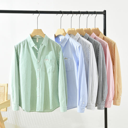 Men's Cotton Casual Striped Oxford Long-sleeved Shirt