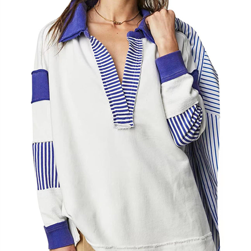 Loose V-neck Casual Long Sleeve Pullover Split Patchwork Sweater