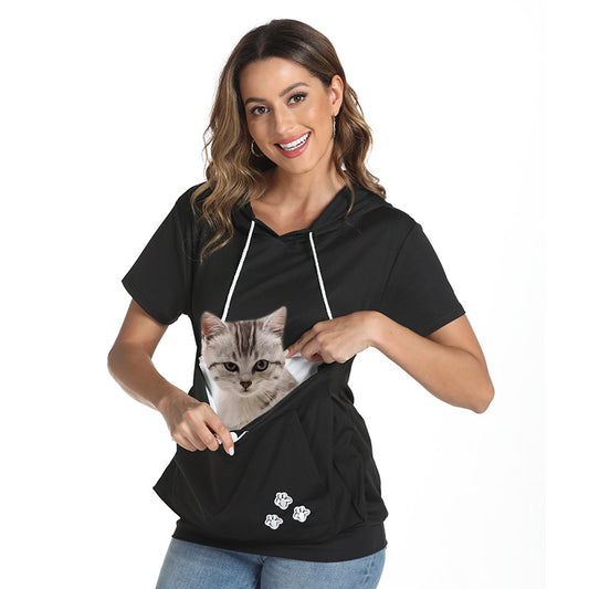 Women's Short-sleeved T-shirt Hooded Top With Large Pockets