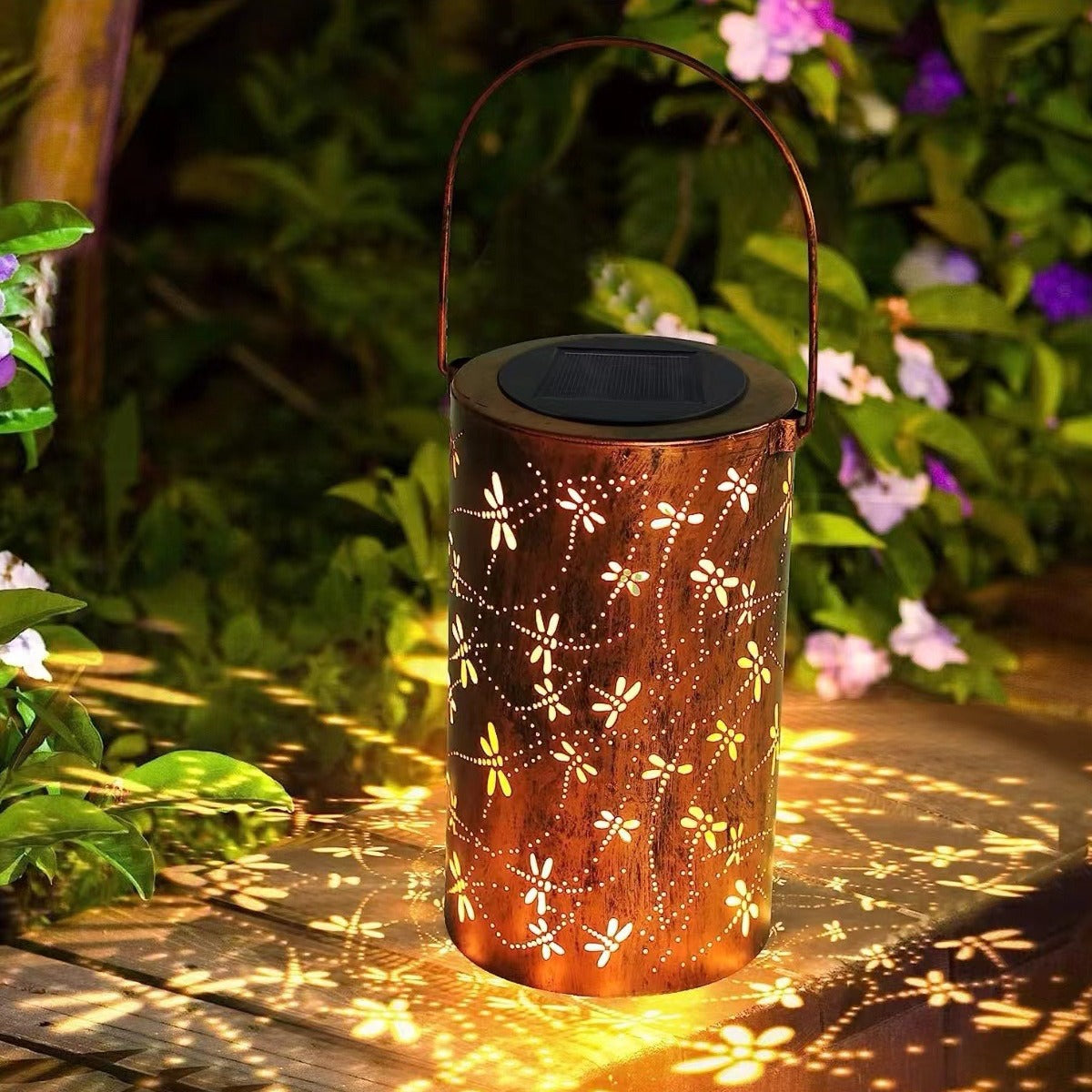 Solar Lantern Outdoor Waterproof Courtyard Decoration Wrought Iron Cylinder Hollow-out Lantern Garden Landscape Decorative Lamp