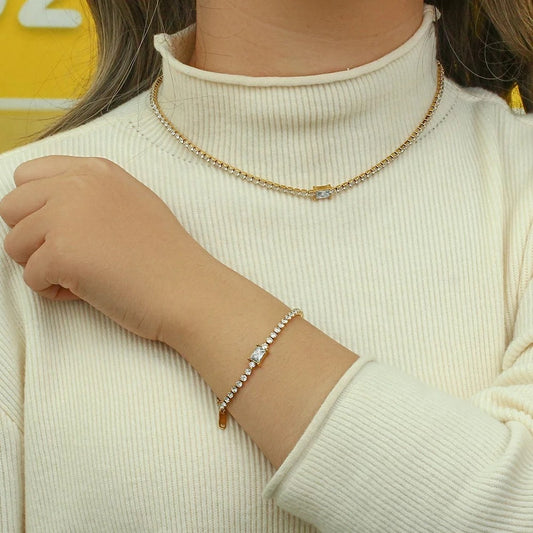 18K Real Gold Plated Square Zircon Tennis Chain Bracelet Necklace