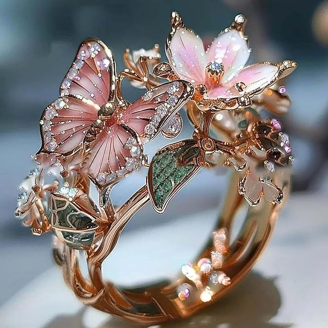 Adjustable Elegant Transparent Crystal 3D Shining Diamond Drop Oil Butterfly Flower Ring For Women Aesthetic Gold Plated Cute Animal Insect Fashion Jewelry