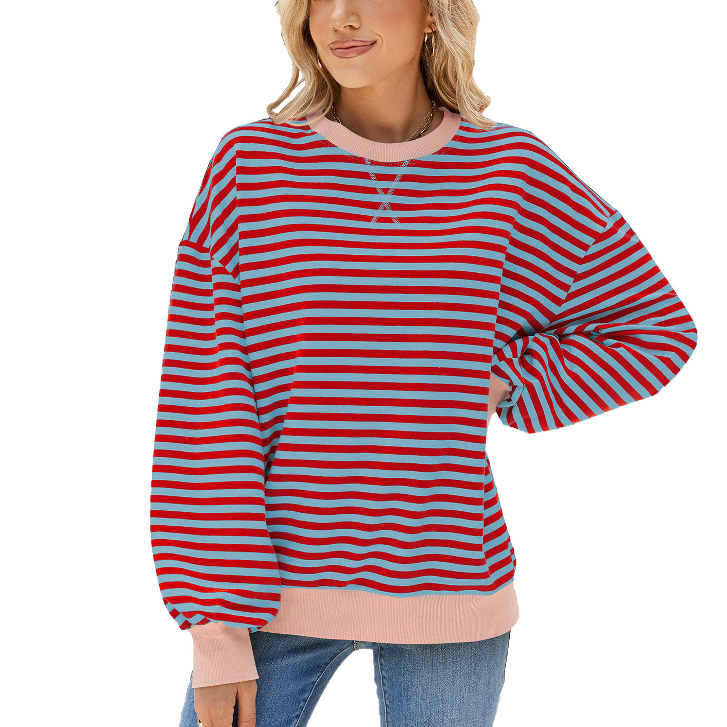 Women's Stripes Round Neck Contrast Color Loose Long Sleeve Sweatershirt