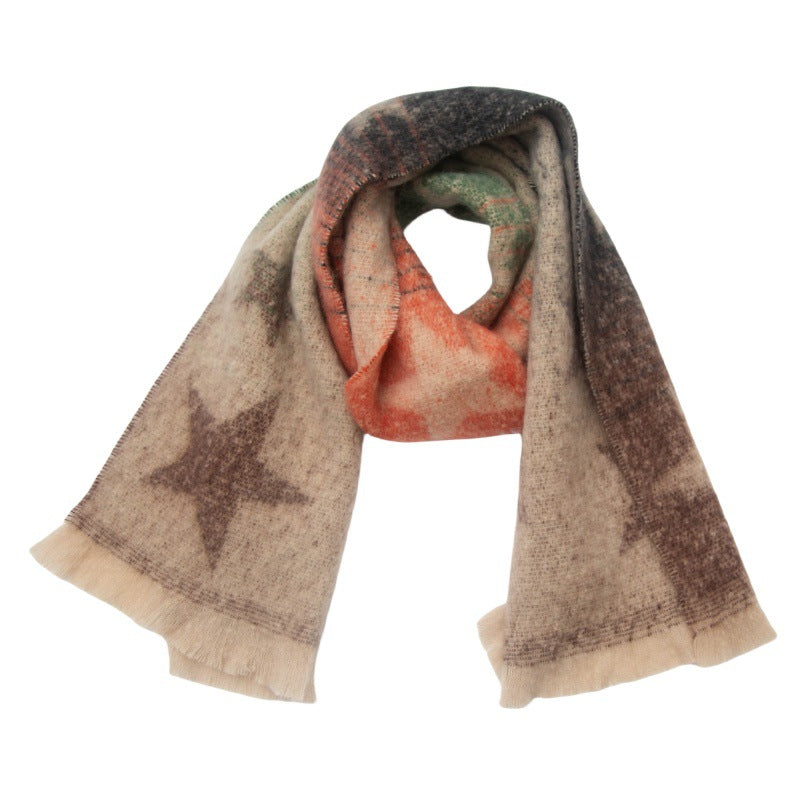 European And American Autumn And Winter Circle Yarn Jacquard Gradient Color Five-pointed Star Scarf