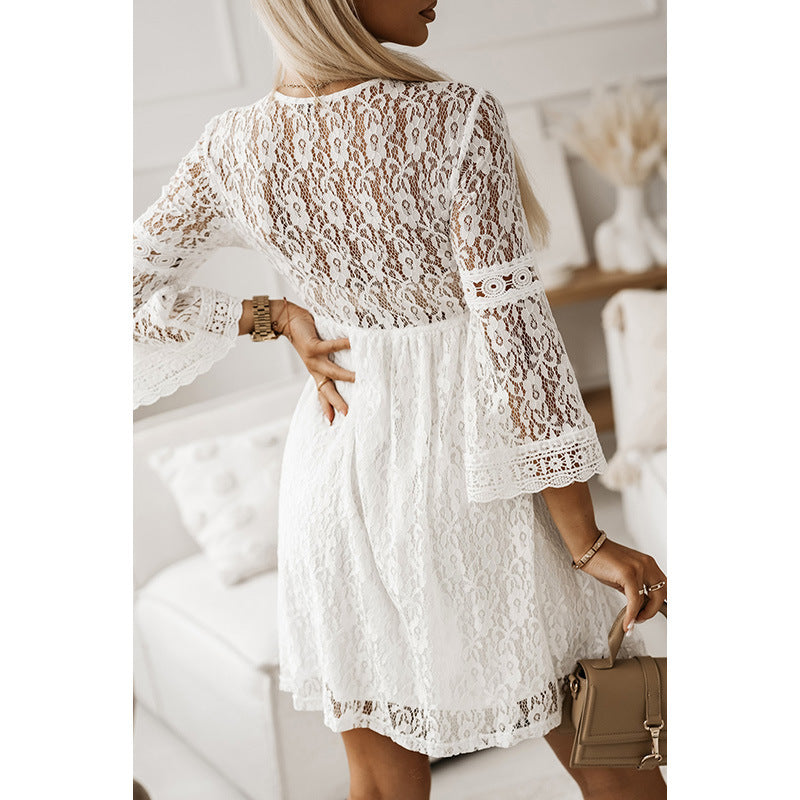 Women's Solid Color Deep V-neck Long Sleeve Lace Short Dress