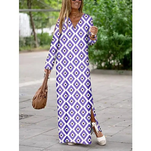 Summer Geometric Printed V-neck Long Dress Fashion Long Sleeve Slit Dresses For Women