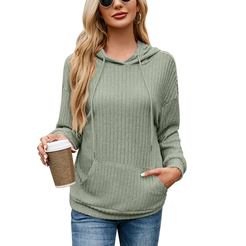 Women's Knitwear Hooded Sunken Stripe Kangaroo Pocket Sweatshirt