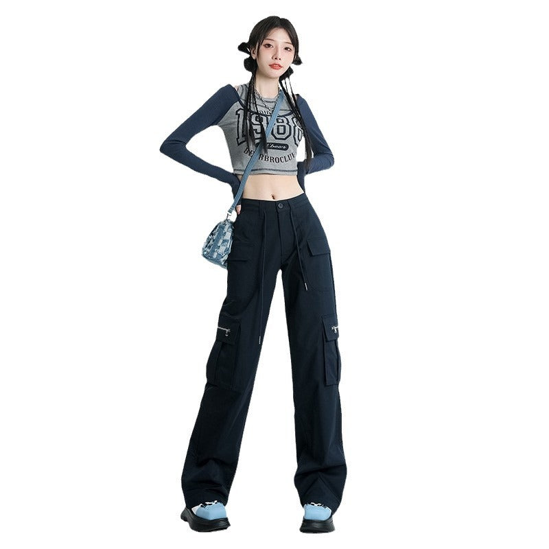 American High Waist Straight Cargo Pants Loose Slimming Hot Girl Wide Leg