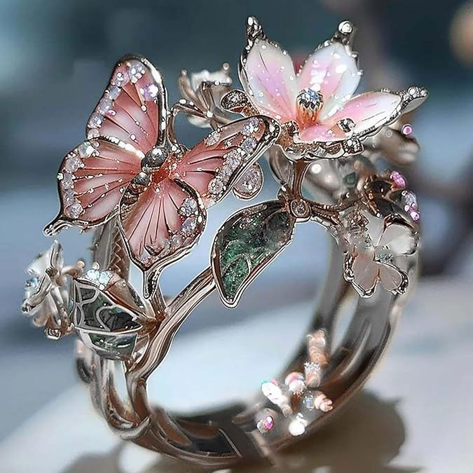 Adjustable Elegant Transparent Crystal 3D Shining Diamond Drop Oil Butterfly Flower Ring For Women Aesthetic Gold Plated Cute Animal Insect Fashion Jewelry