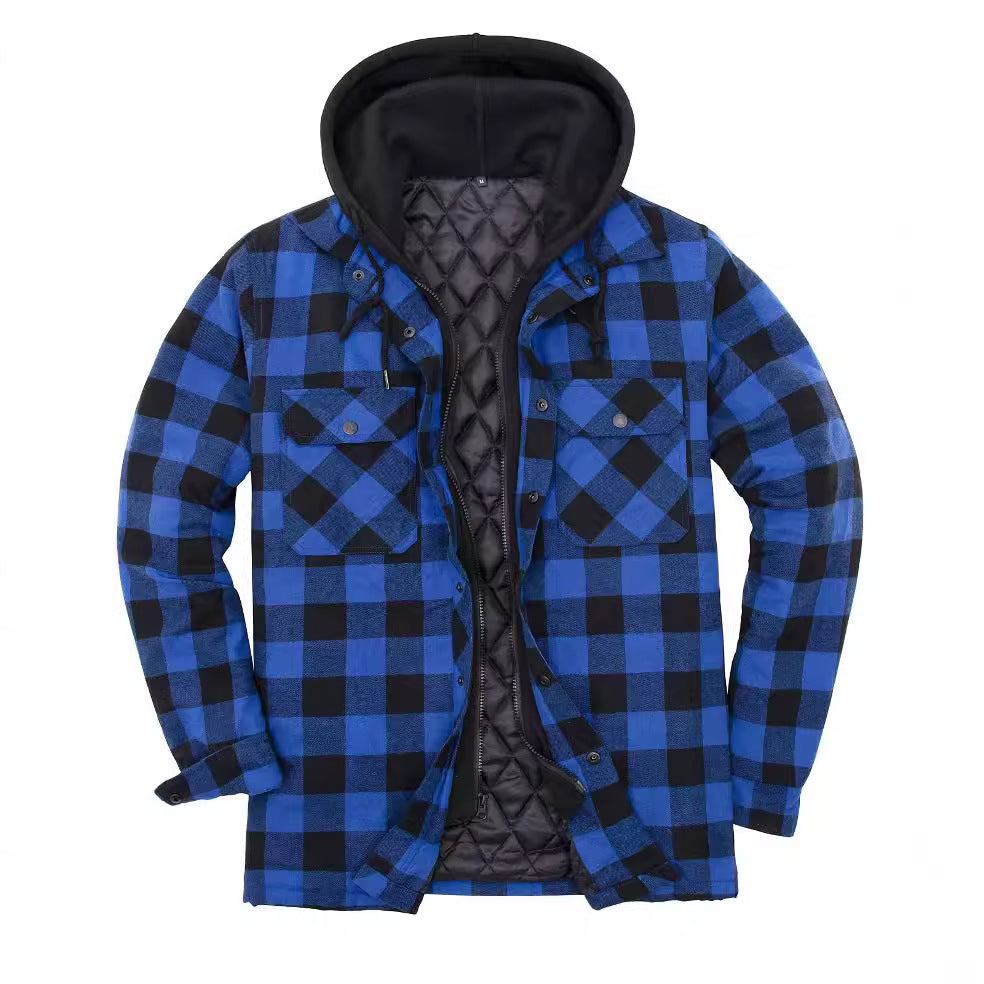 Men's Thickened Cotton-padded Plaid Long-sleeved Coat