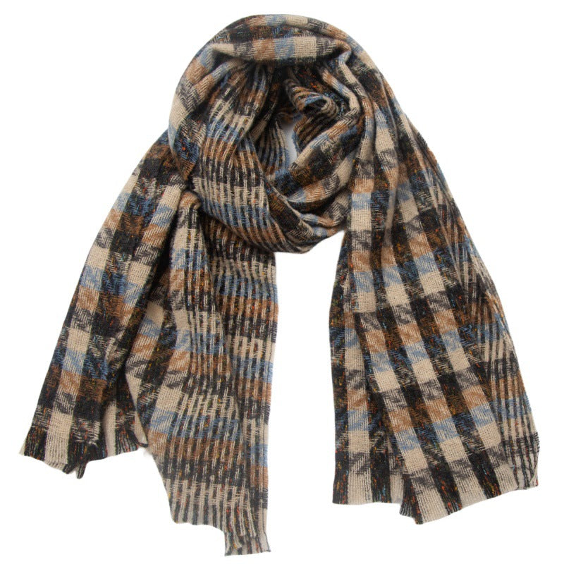 European And American Autumn And Winter Bristle Short Beard Small Plaid Scarf Shawl