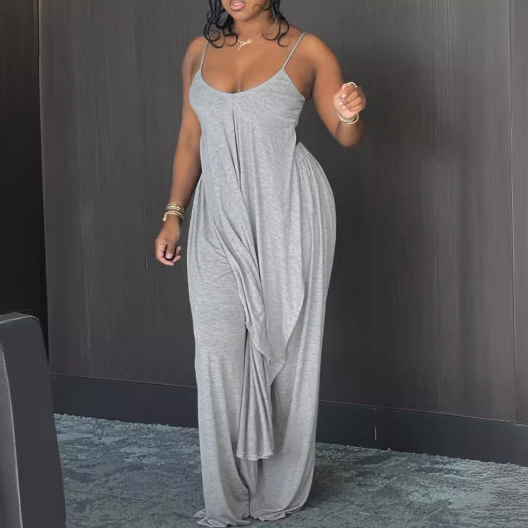 Flower Gray Loose Sling Wide-leg Pants Two-piece Set