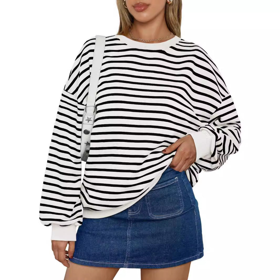 Women's Colorful Striped Round Neck Loose Sweatshirt