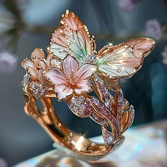 Adjustable Elegant Transparent Crystal 3D Shining Diamond Drop Oil Butterfly Flower Ring For Women Aesthetic Gold Plated Cute Animal Insect Fashion Jewelry