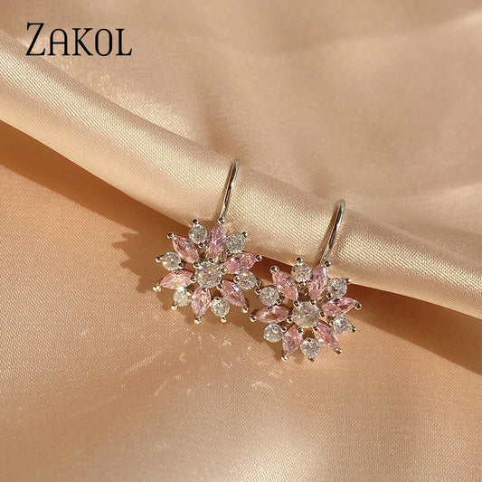 ZAKOL Fashion Rose Gold Color Hoop Earrings Flower Cluster Clear CZ Crystal Zirconia Earring for Women Jewelry Brincos EP609