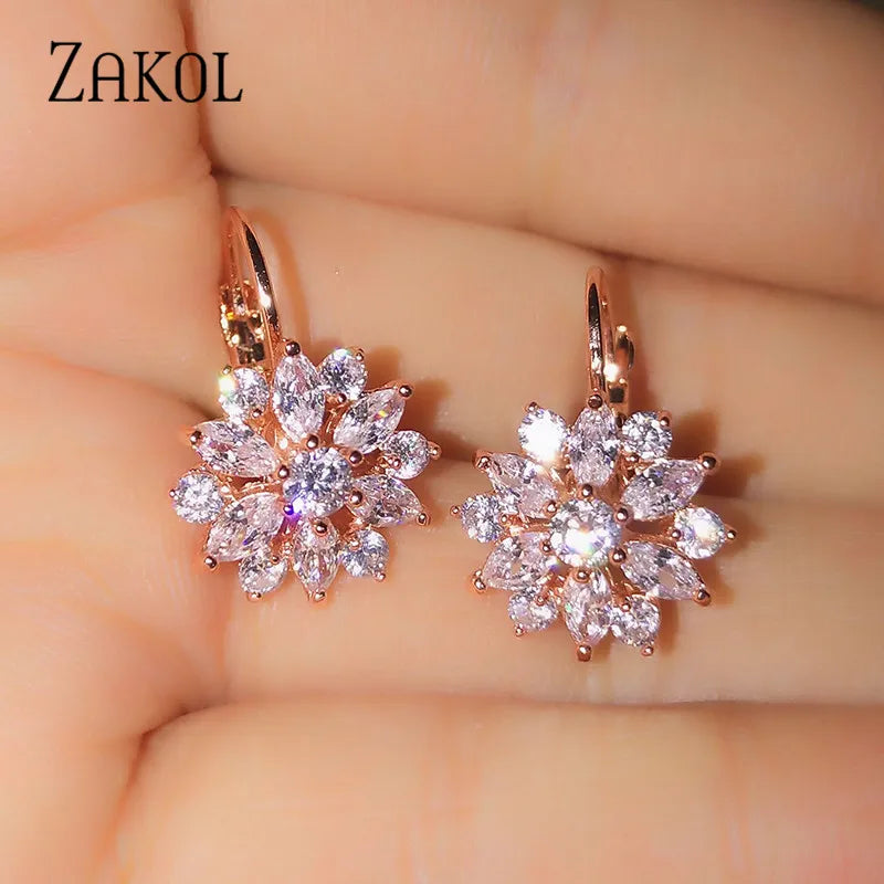 ZAKOL Fashion Rose Gold Color Hoop Earrings Flower Cluster Clear CZ Crystal Zirconia Earring for Women Jewelry Brincos EP609