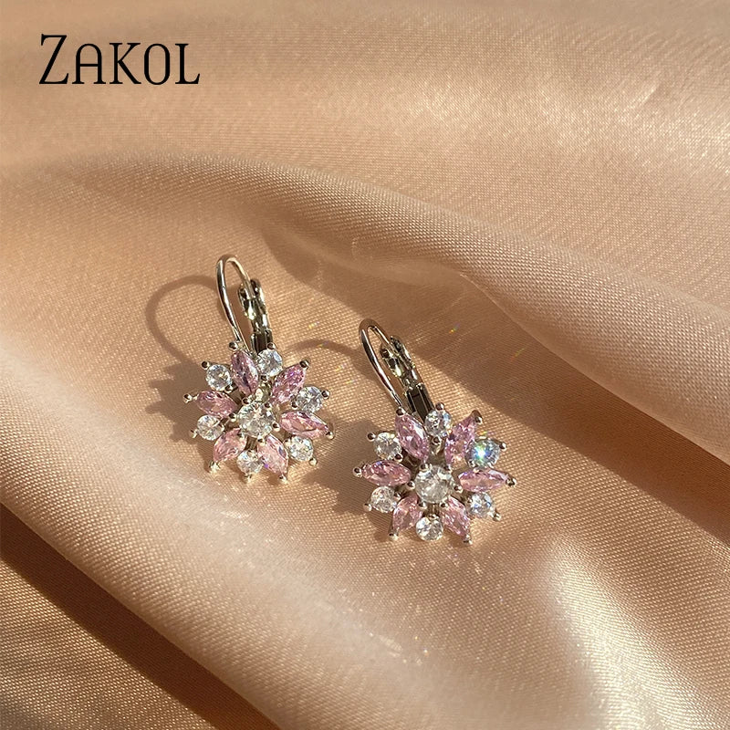 ZAKOL Fashion Rose Gold Color Hoop Earrings Flower Cluster Clear CZ Crystal Zirconia Earring for Women Jewelry Brincos EP609