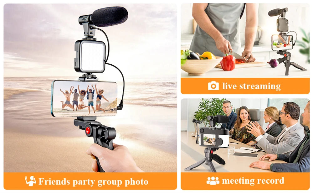 Smarthone Video Making Kit Vlog Kits with Selfie Light Tripod Phone Holder Microphone Bracket Video Recording Handle Stabilizer