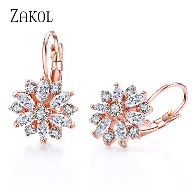 ZAKOL Fashion Rose Gold Color Hoop Earrings Flower Cluster Clear CZ Crystal Zirconia Earring for Women Jewelry Brincos EP609