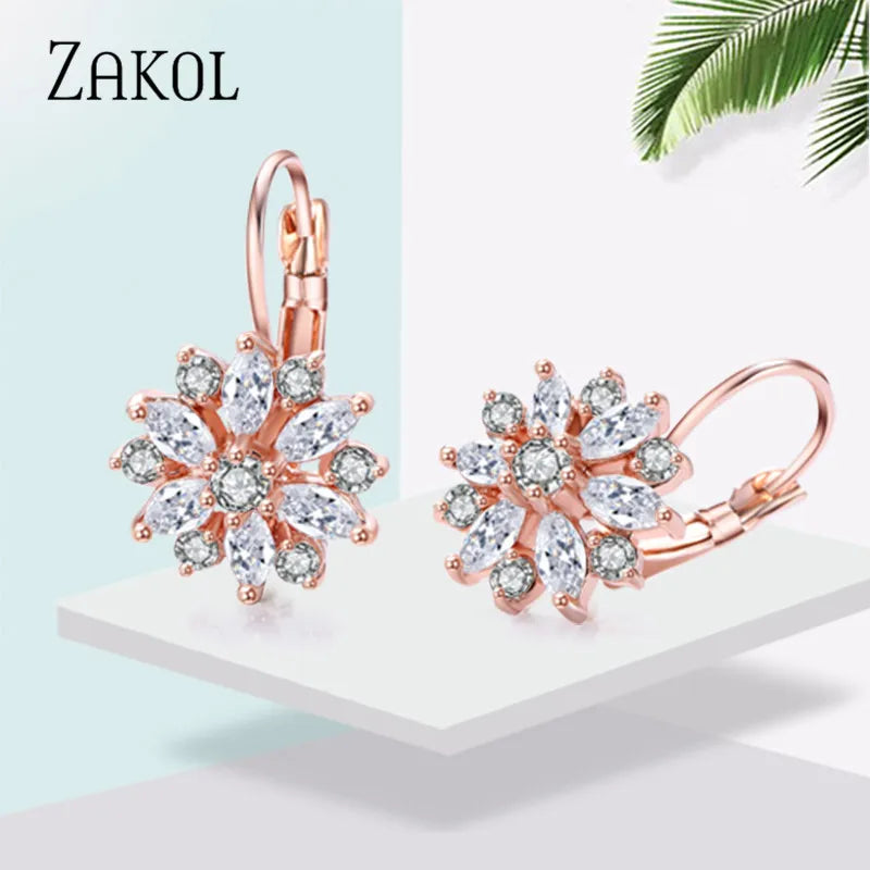 ZAKOL Fashion Rose Gold Color Hoop Earrings Flower Cluster Clear CZ Crystal Zirconia Earring for Women Jewelry Brincos EP609