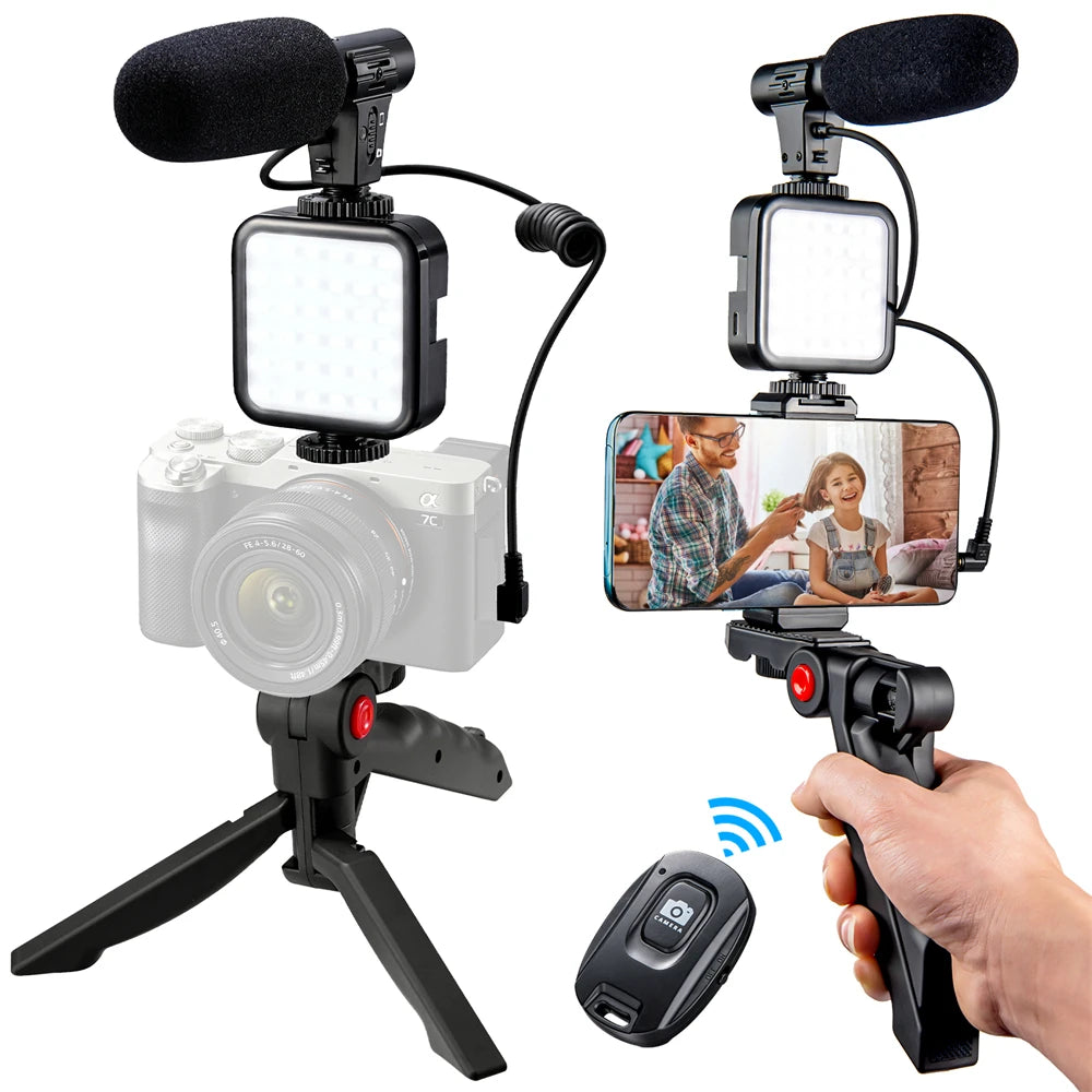 Smarthone Video Making Kit Vlog Kits with Selfie Light Tripod Phone Holder Microphone Bracket Video Recording Handle Stabilizer