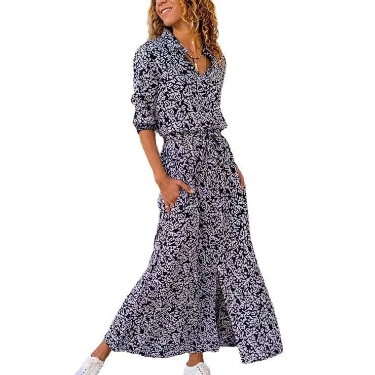 Women's New European And American Style Belt Shirt Long Sleeve Super Long Dress