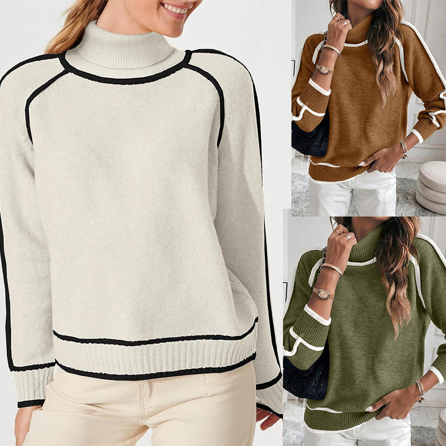 Autumn And Winter Solid Color Color Matching High-necked Casual Women's Clothing Fashion Knit Top Outerwear