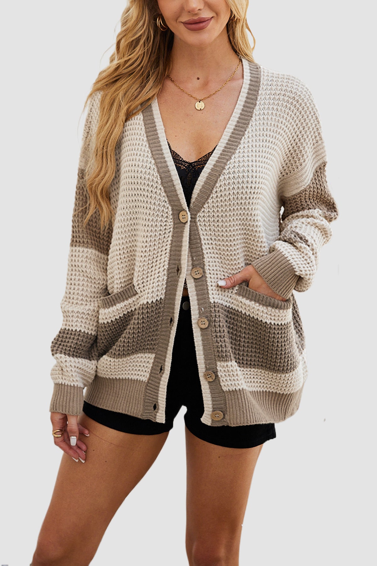 Knitted Coat Plus Size Pocket Color Matching Cardigan Sweater