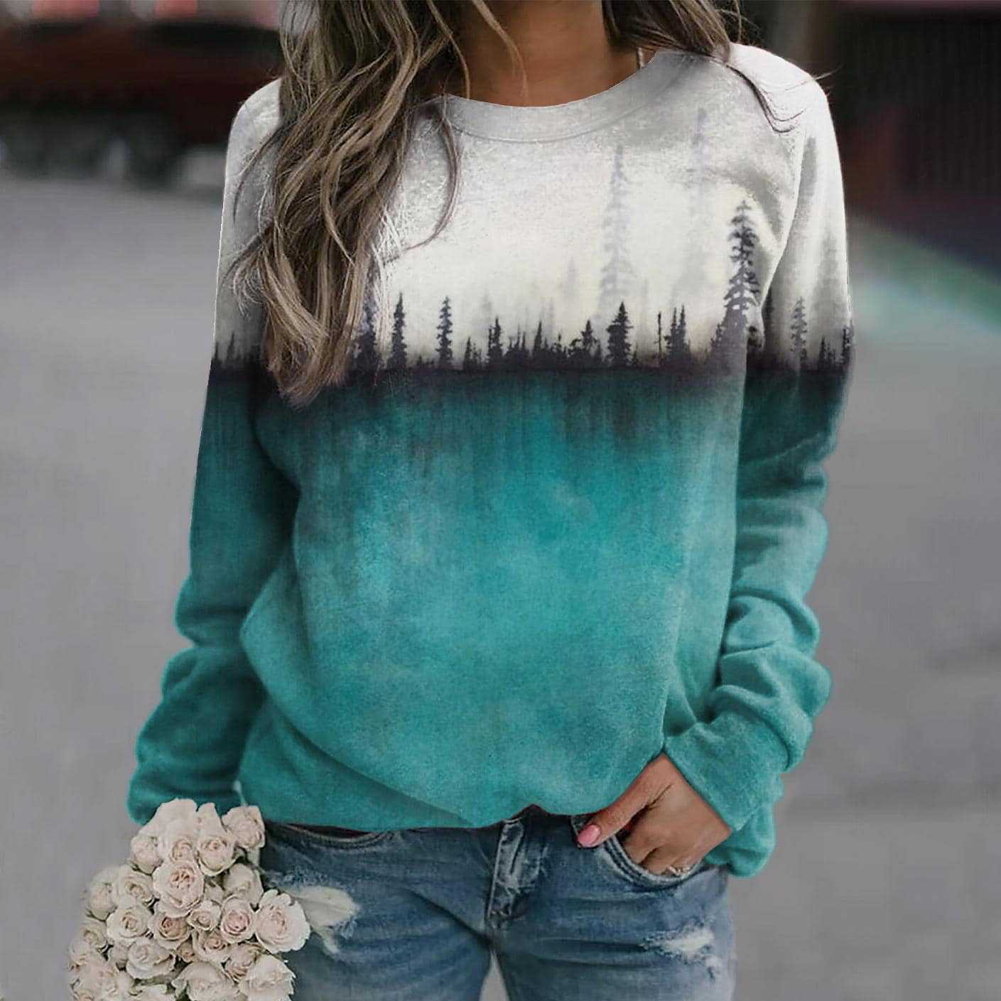 Casual Women's Pine Printed Crew Neck Sweatshirt