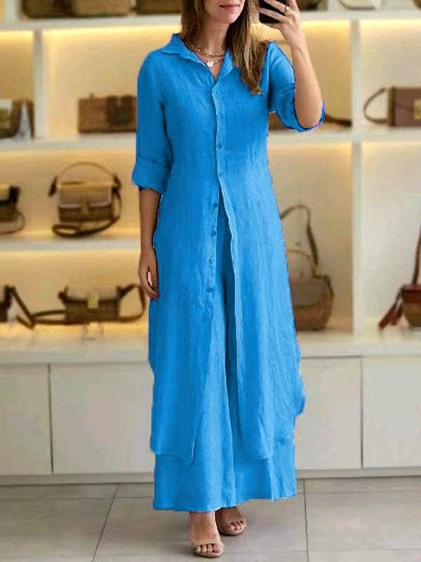 Urban Elegant Cotton And Linen Slim-fit Waist-tight Long Shirt Wide-leg Pants Suit